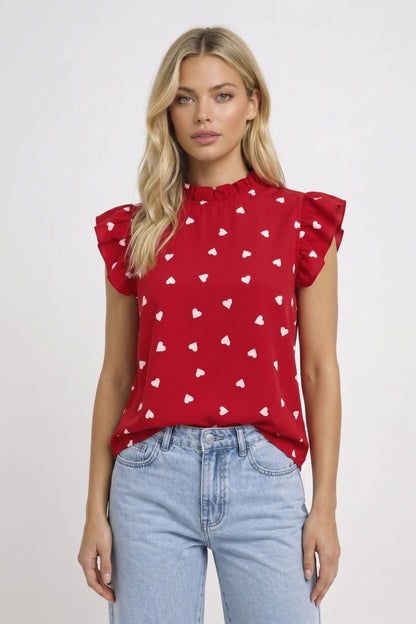 Top Dames - Hartenprint met Ruffle Mouwen | Speelse Stijl