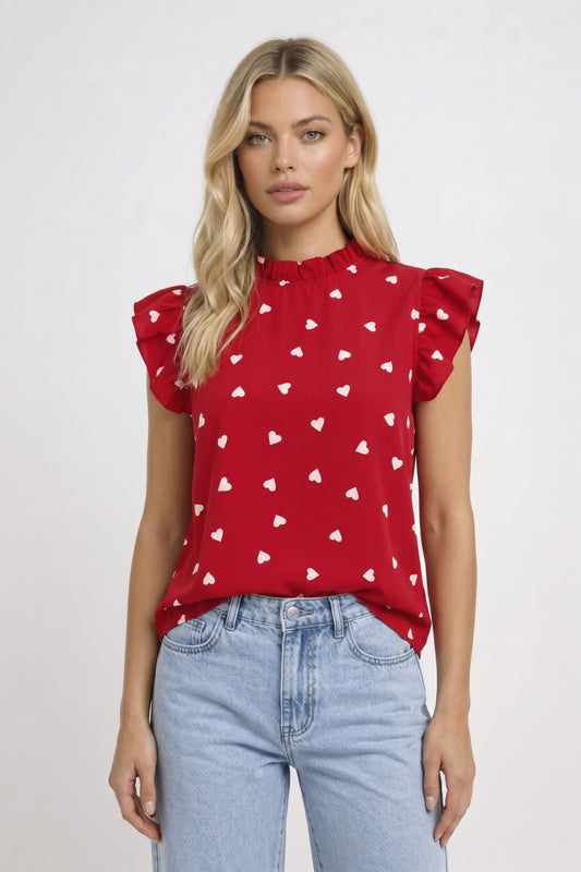 Top Dames - Hartenprint met Ruffle Mouwen | Speelse Stijl