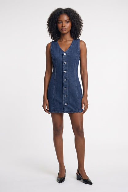 Mini Jurk Dames - Knoopsluiting V-hals | Mouwloos