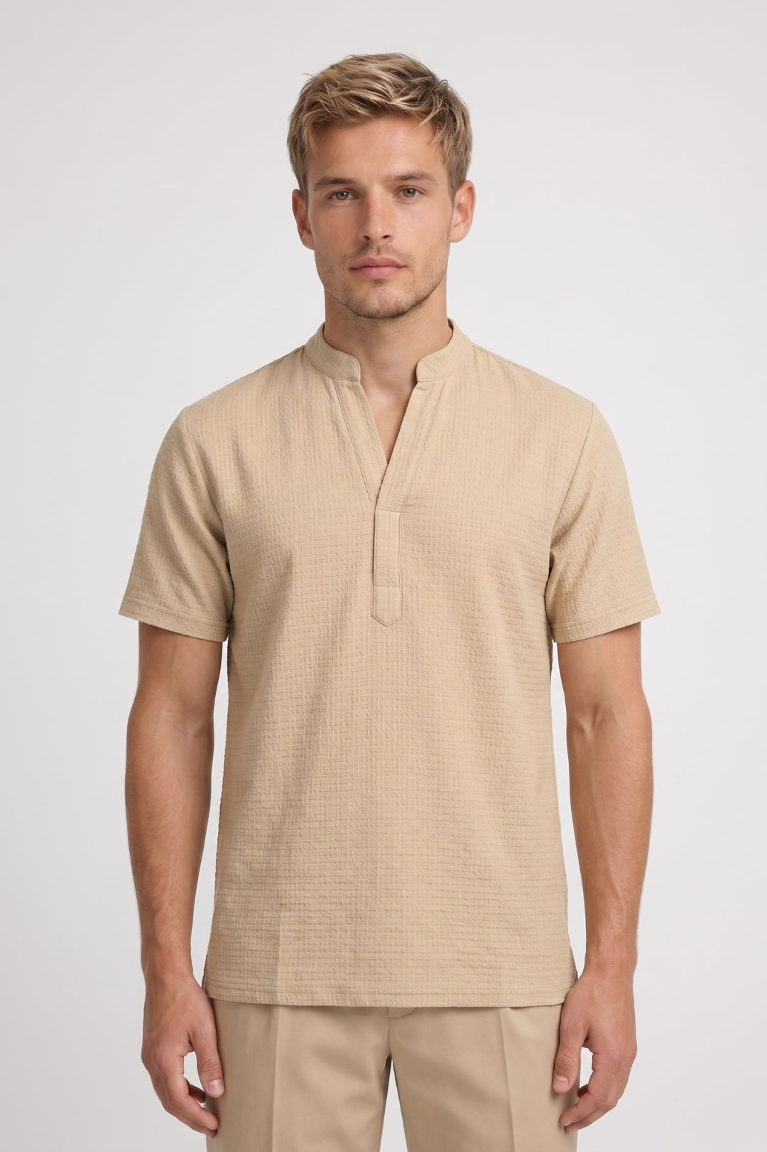 Overhemd Heren - Korte Mouw Tunika met Staande Kraag | Beige