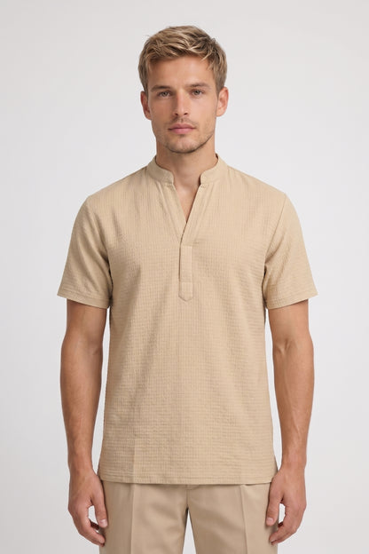 Overhemd Heren - Korte Mouw Tunika met Staande Kraag | Beige