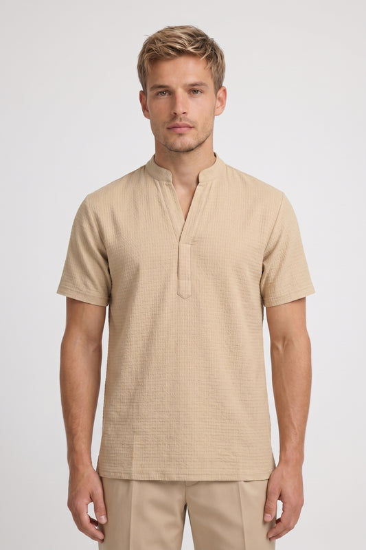 Overhemd Heren - Korte Mouw Tunika met Staande Kraag | Beige