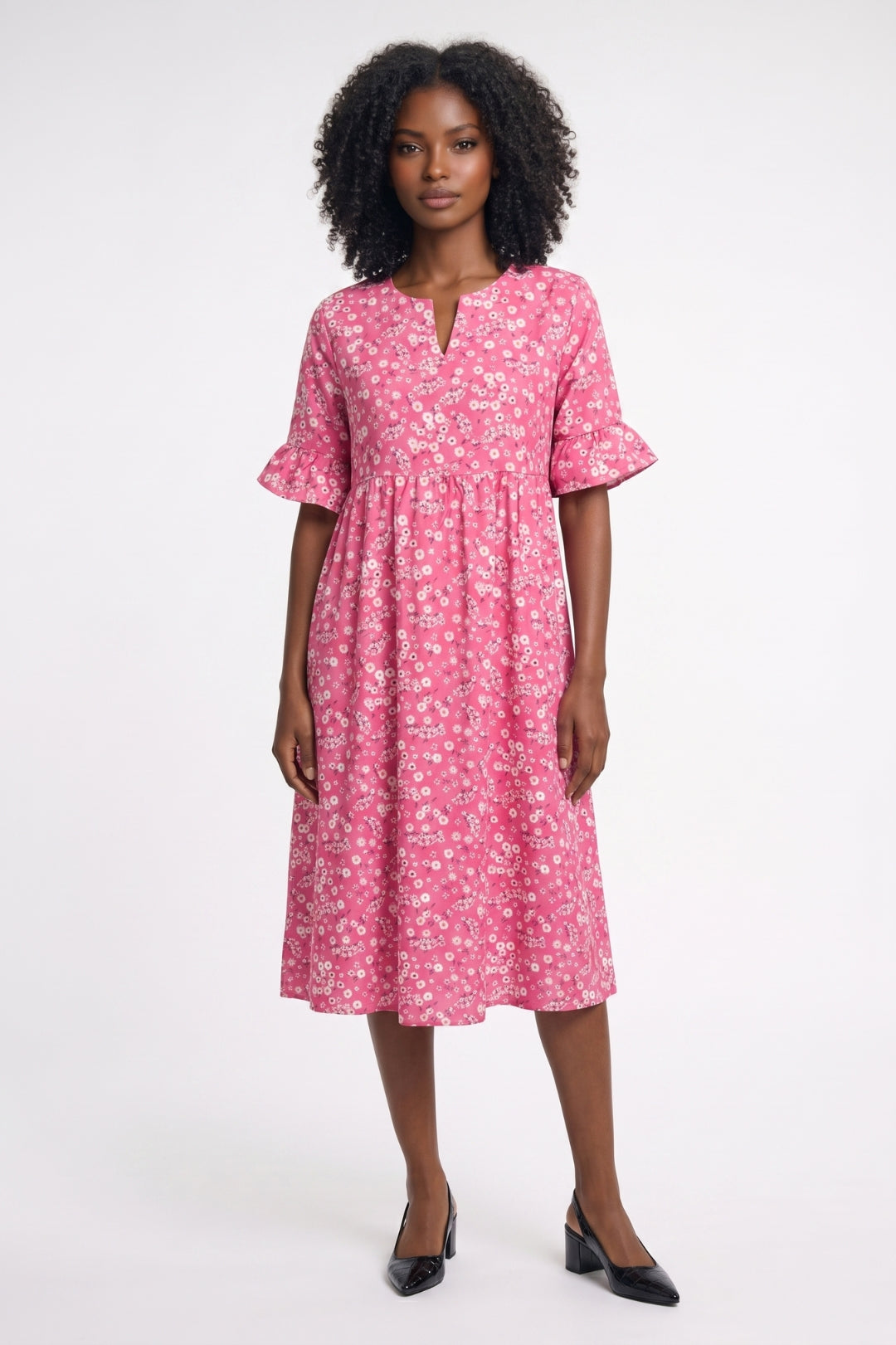 Midi Jurk Dames - Bloemenprint V-hals | Ruches Mouwen
