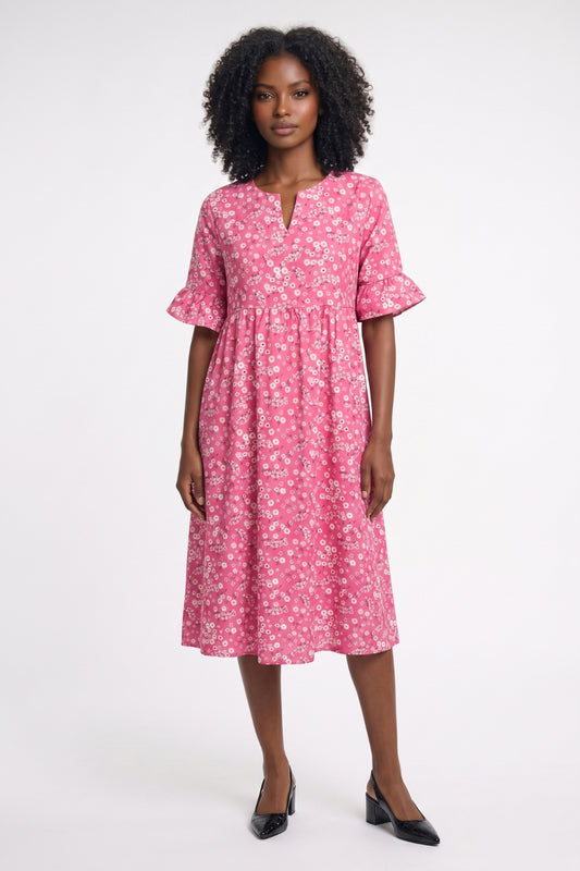 Midi Jurk Dames - Bloemenprint V-hals | Ruches Mouwen