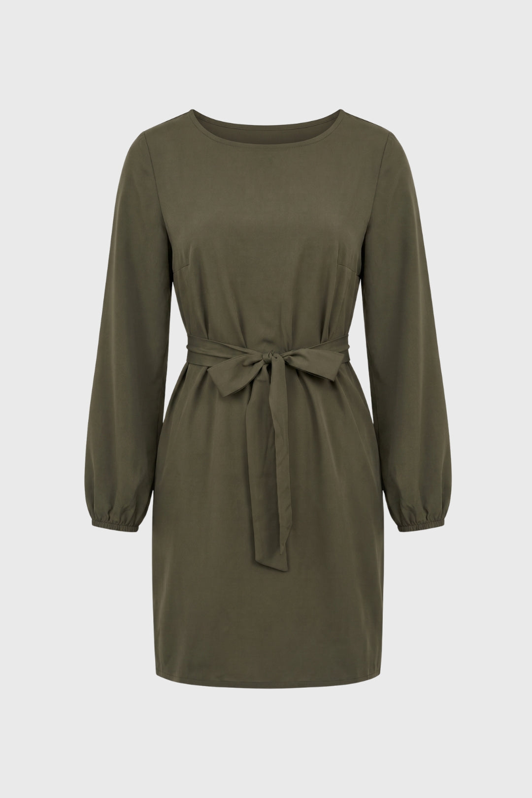 Mini Jurk Dames - Strikceintuur Olijfgroen | Lange Mouwen