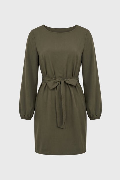 Mini Jurk Dames - Strikceintuur Olijfgroen | Lange Mouwen
