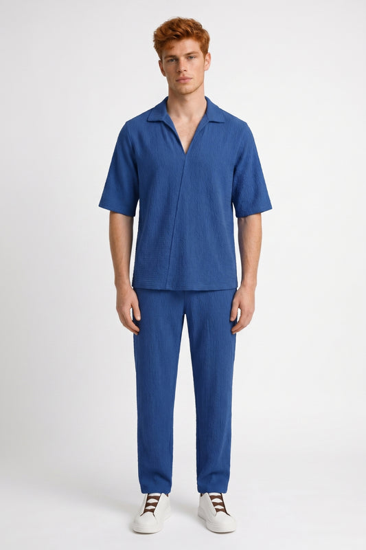 2-Delige Set Heren - Gestructureerde Kraag met Rechte Broek | Casual