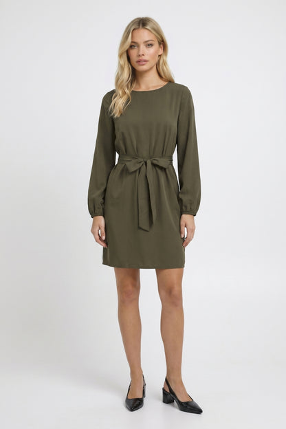Mini Jurk Dames - Strikceintuur Olijfgroen | Lange Mouwen