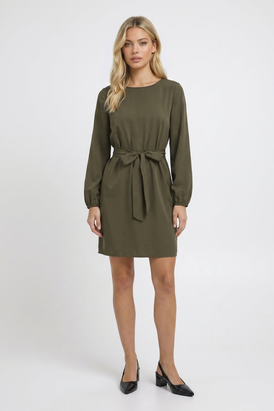 Mini Jurk Dames - Strikceintuur Olijfgroen | Lange Mouwen