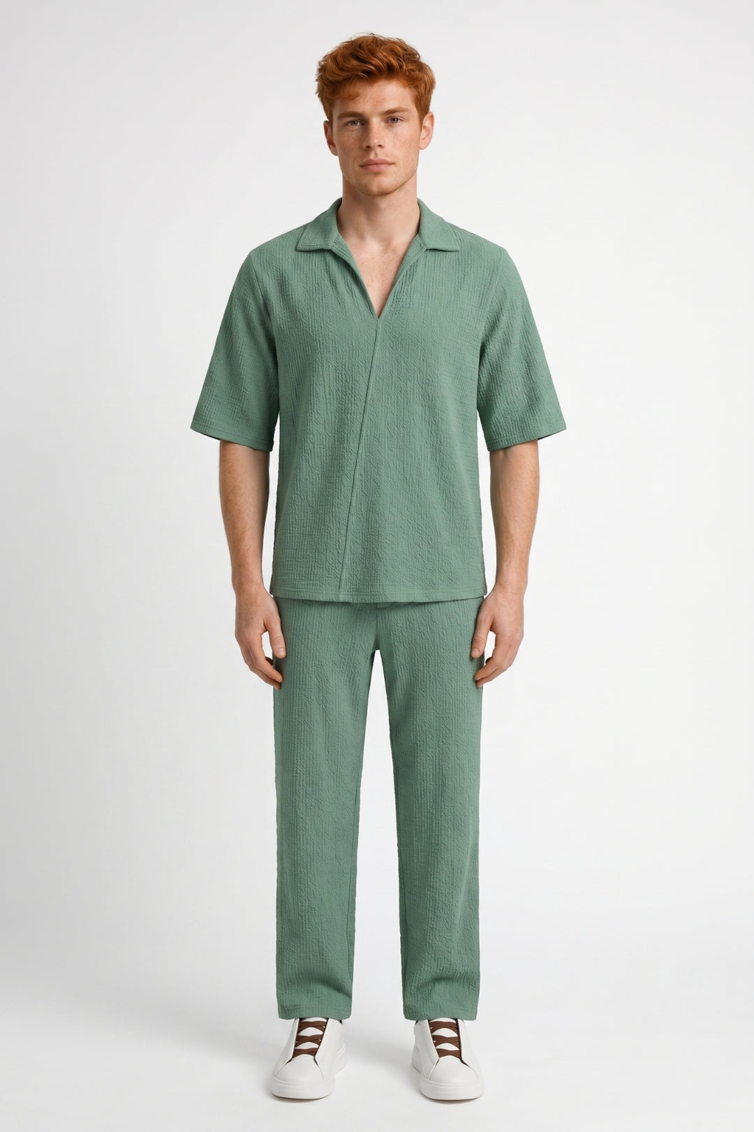 2-Delige Set Heren - Gestructureerde Kraag met Rechte Broek | Casual