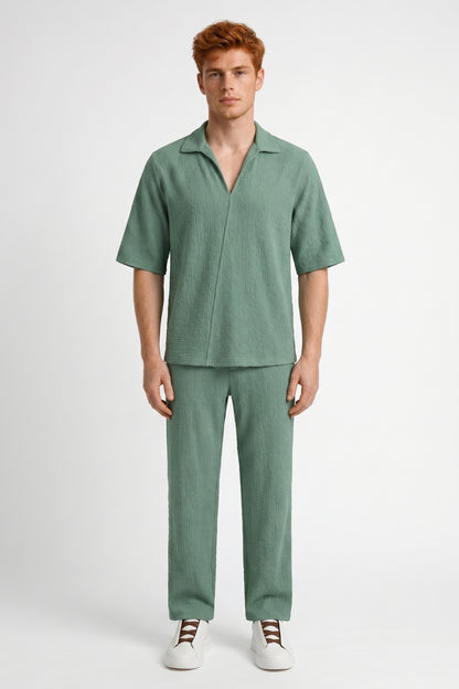 2-Delige Set Heren - Gestructureerde Kraag met Rechte Broek | Casual