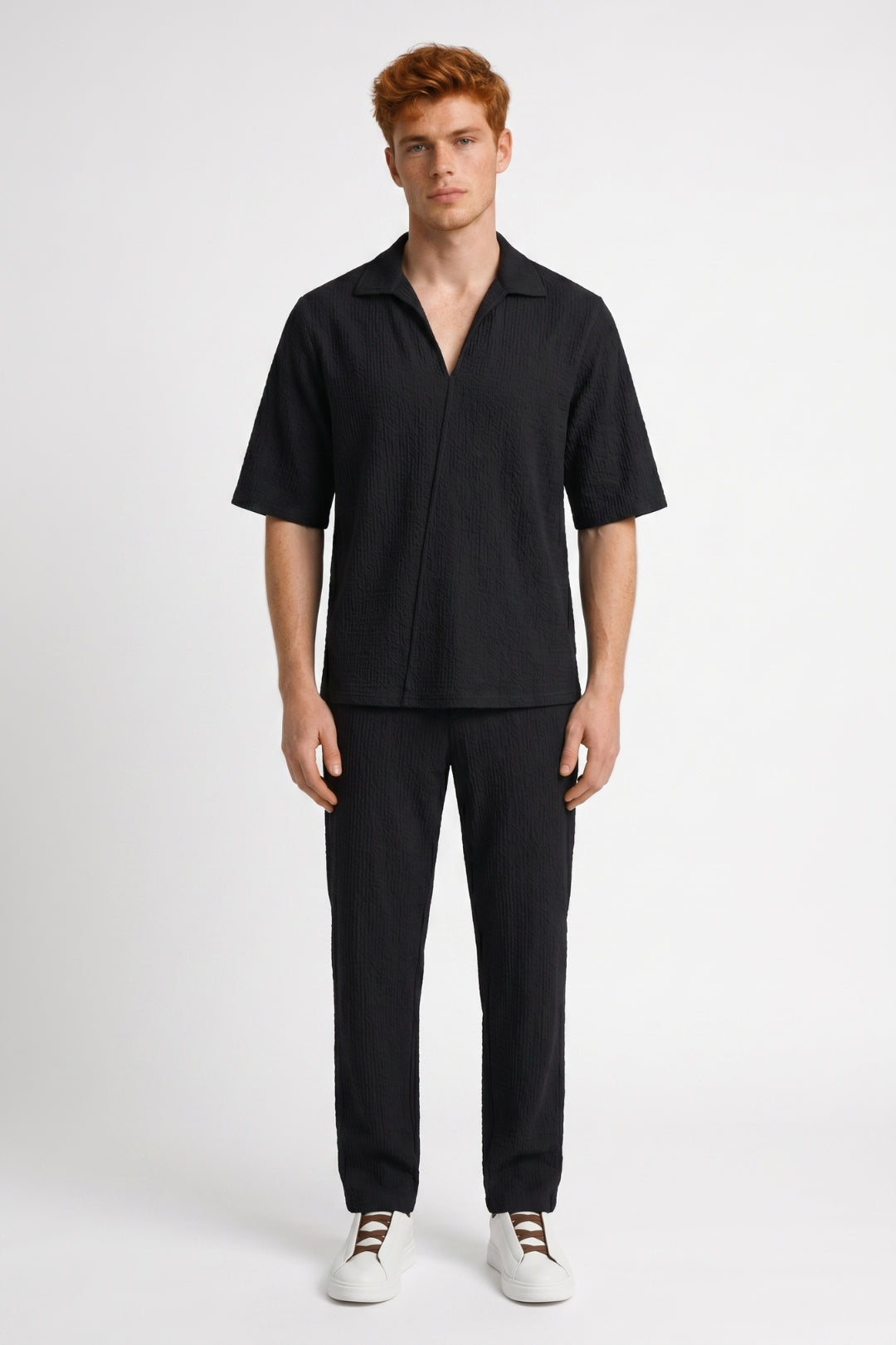 2-Delige Set Heren - Gestructureerde Kraag met Rechte Broek | Casual