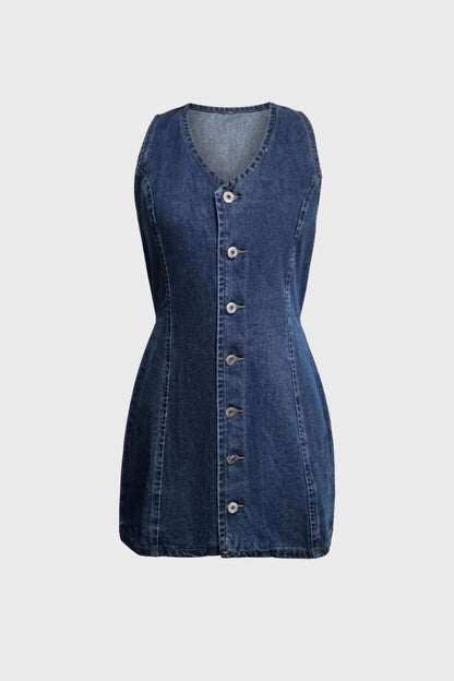 Mini Jurk Dames - Knoopsluiting V-hals | Mouwloos