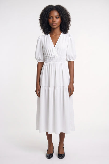 Midi Jurk Dames - Pofmouwen V-hals | Elastische Taille