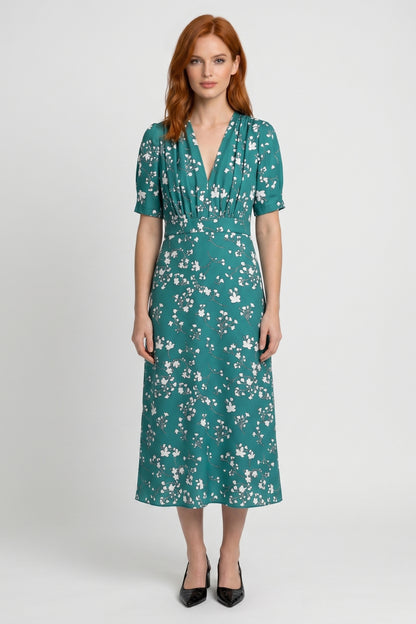 Midi Jurk Dames - Bloemenprint V-hals | Korte Mouwen