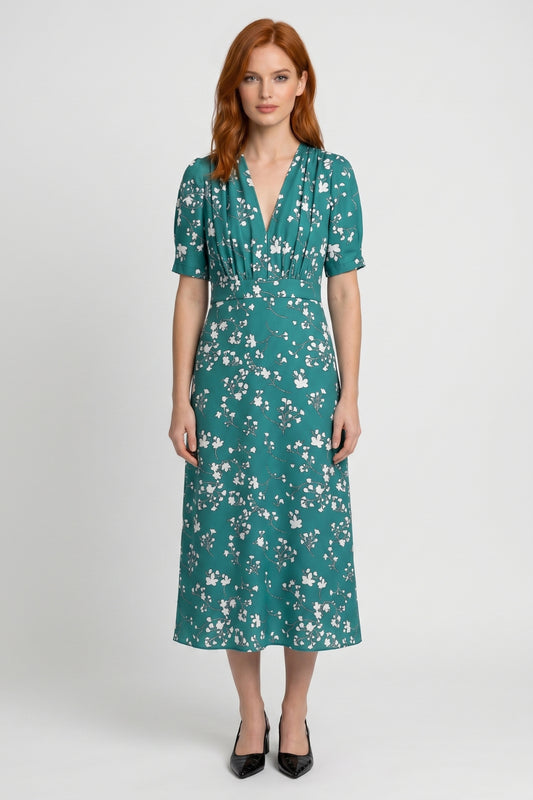 Midi Jurk Dames - Bloemenprint V-hals | Korte Mouwen