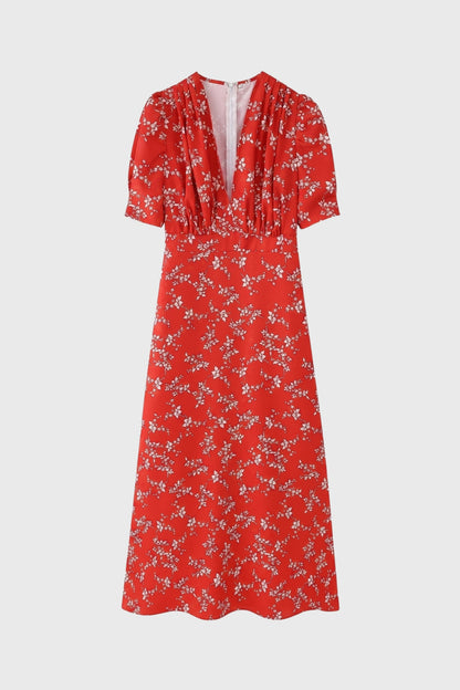 Midi Jurk Dames - Bloemenprint V-hals | Korte Mouwen