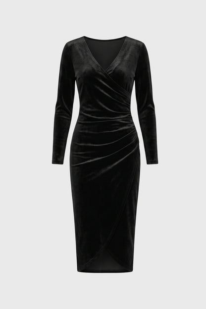 Midi Jurk Dames - Wrap Stijl V-hals | Lange Mouwen