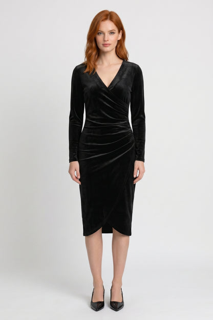 Midi Jurk Dames - Wrap Stijl V-hals | Lange Mouwen