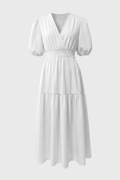 Midi Jurk Dames - Pofmouwen V-hals | Elastische Taille