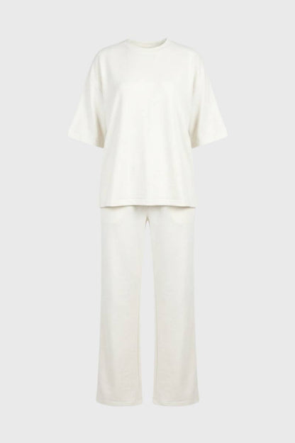 Set Dames - Oversized T-shirt met Wijde Broek | Comfortabel — Crème