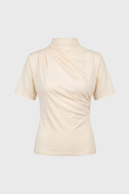 T-shirt Dames - Opstaande Kraag met Gedraaide Detail | Beige — Beige