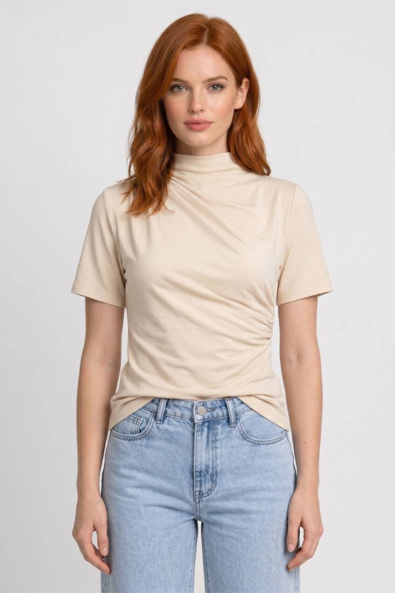T-shirt Dames - Opstaande Kraag met Gedraaide Detail | Beige — Beige