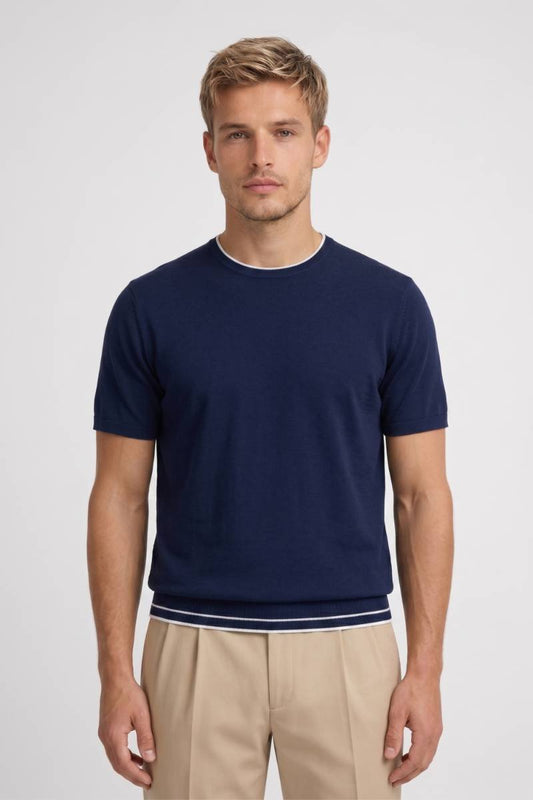 T-shirt Heren - Geribbelde Zoom met Ronde Hals | Klassiek — Navy