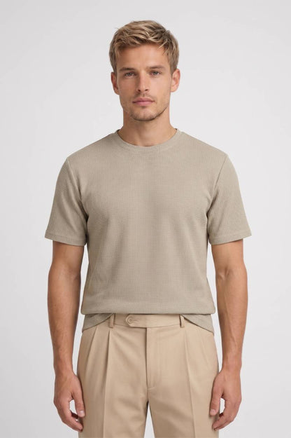 T-shirt Heren - Gestructureerd Waffle Textuur | Korte Mouwen — Beige