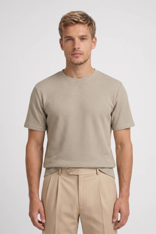 T-shirt Heren - Gestructureerd Waffle Textuur | Korte Mouwen — Beige