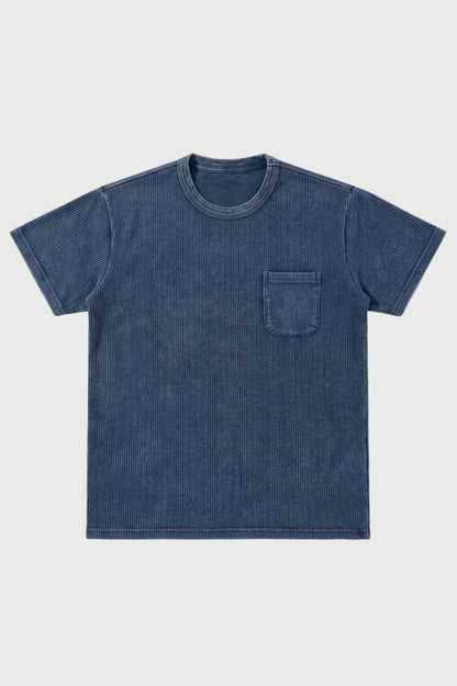 T-Shirt Heren - Vintage Washed met Borstzak | Relaxed Casual — Gestreept Blauw