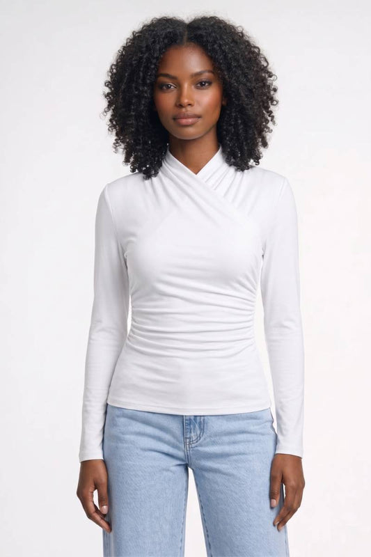 Top Dames - Gekruiste Halslijn met Lange Mouw | Elegant — Wit