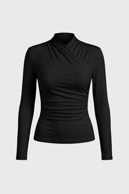 Top Dames - Gekruiste Halslijn met Lange Mouw | Elegant — Zwart