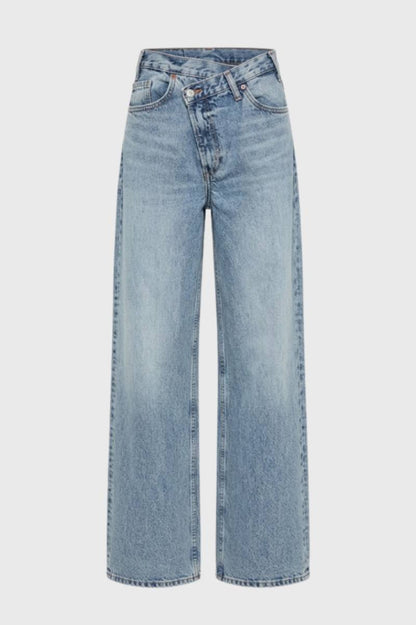 Wijde Broek Dames - Hoge Taille met Diagonale Gesp | Casual — Lichtblauw