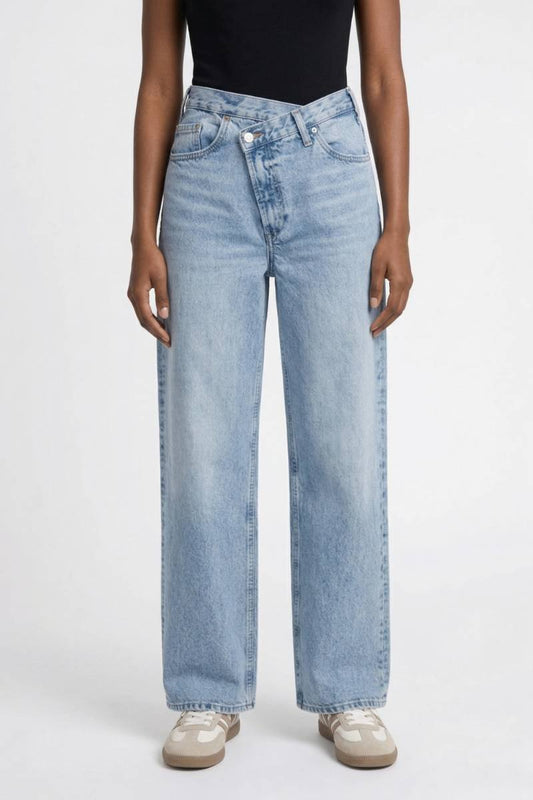 Wijde Broek Dames - Hoge Taille met Diagonale Gesp | Casual — Lichtblauw