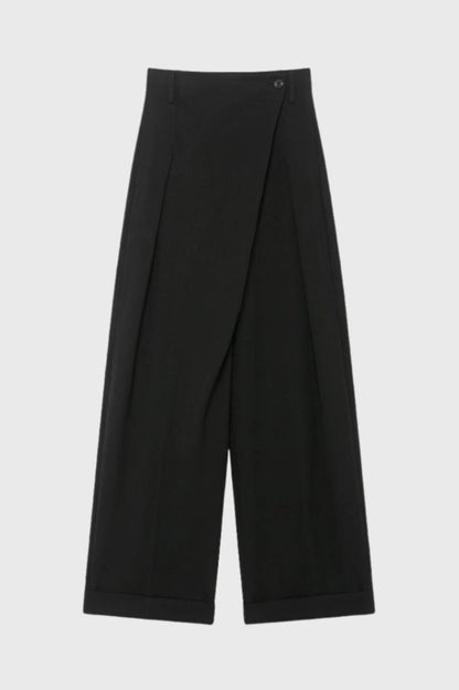 Wijde Broek Dames - Hoge Taille met Overlapping | Elegant — Zwart